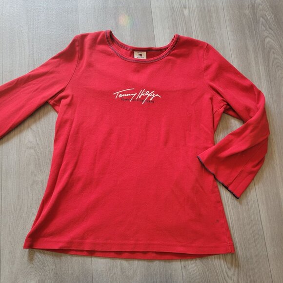 Tommy Hilfiger Womens Red Cotton L/S Split Hem Logo Top L/G - Picture 3 of 8